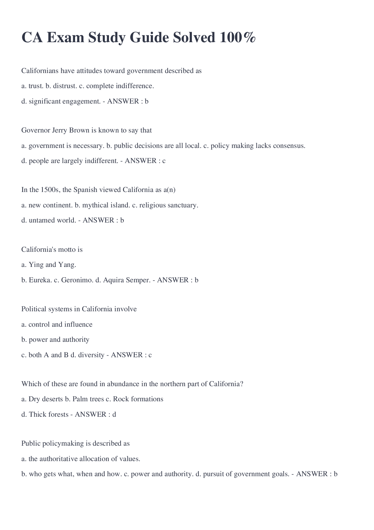 CA Exam Study Guide Solved 100 Browsegrades